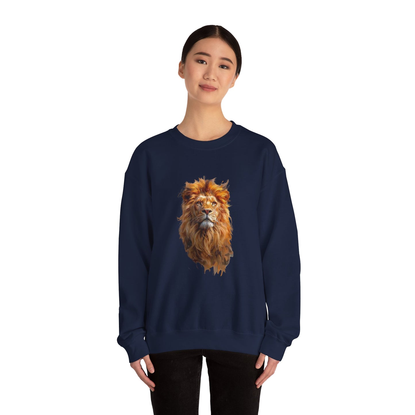 Lion Portrait Crewneck Sweatshirt — Majestic Wild Cat Graphic Pullover
