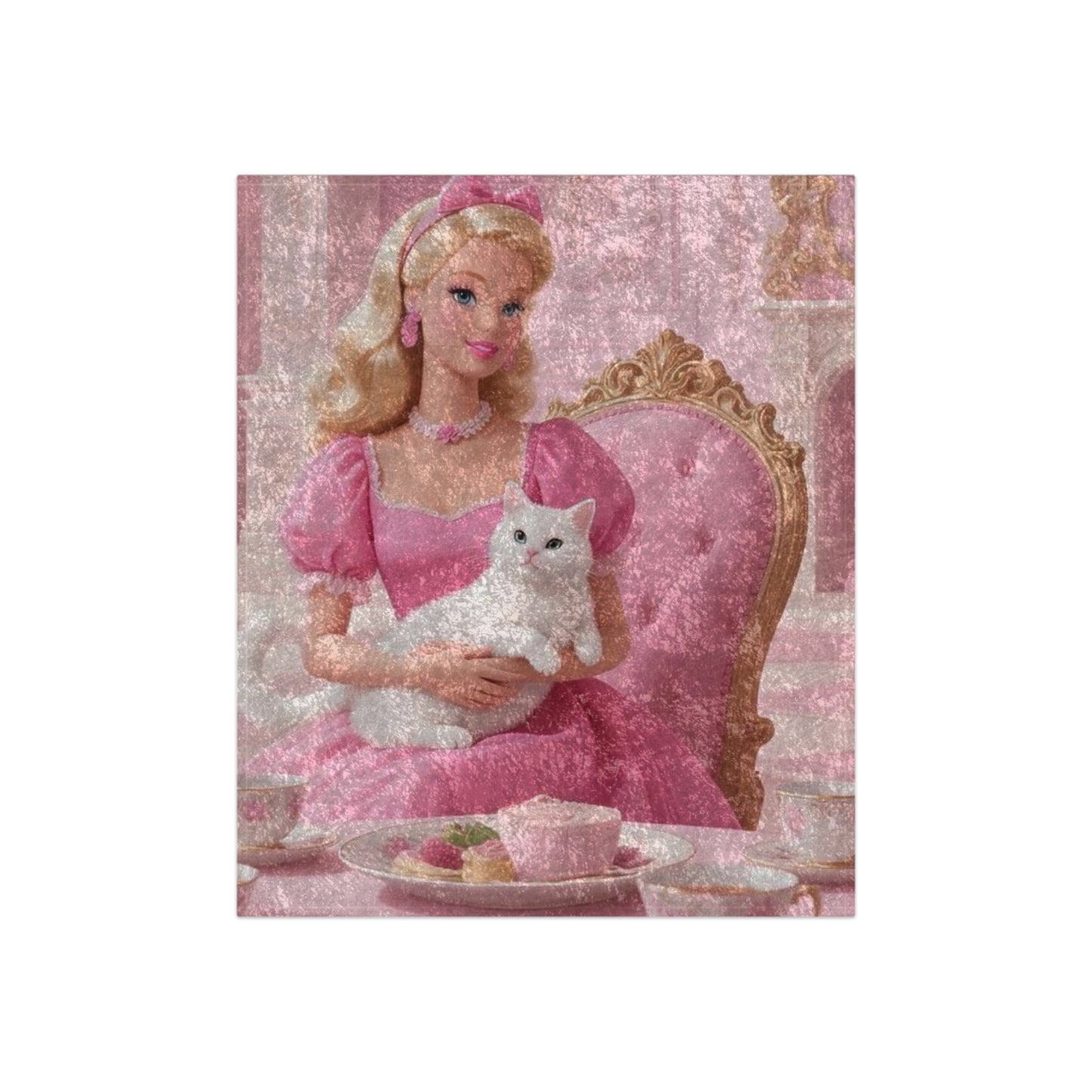 Crushed Velvet Blanket — Vintage Barbie Glam Throw with White Cat (Pink Princess Aesthetic)