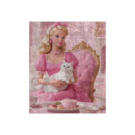 Crushed Velvet Blanket — Vintage Barbie Glam Throw with White Cat (Pink Princess Aesthetic)