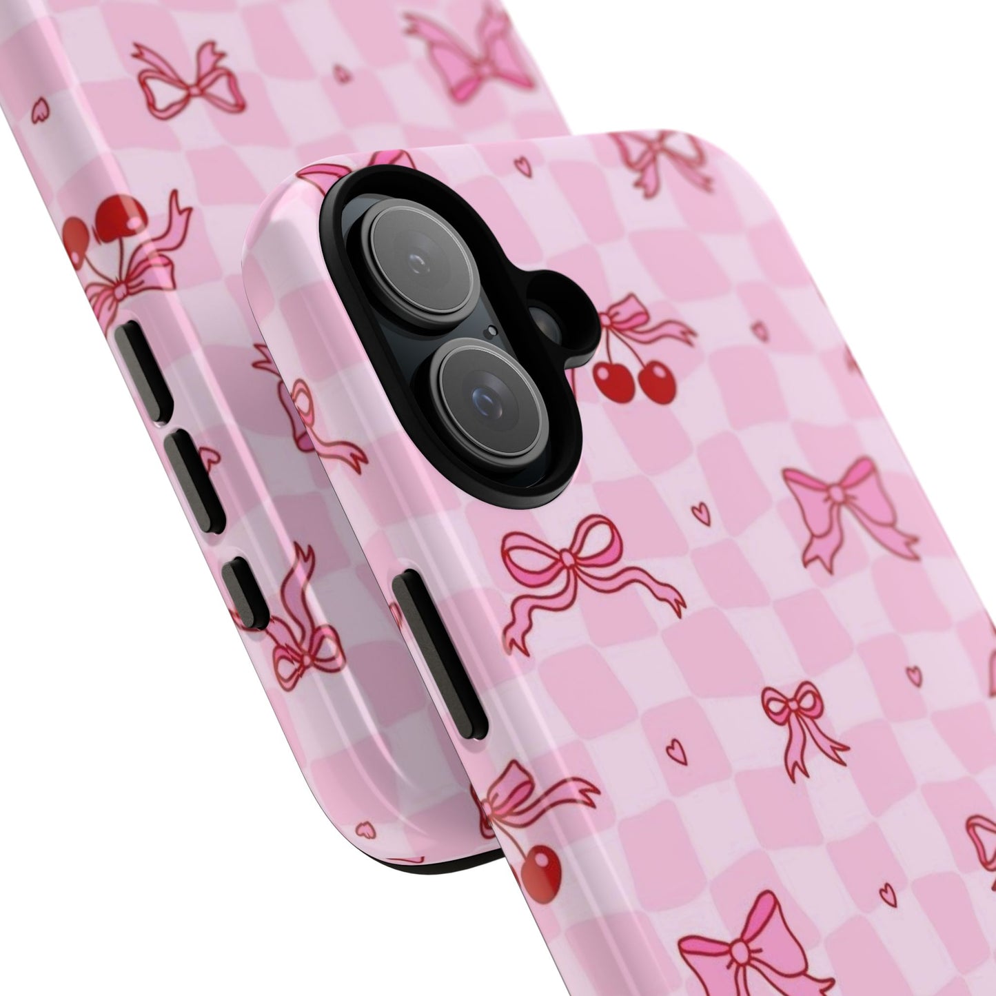 Pink Cherry Bow Phone Case — Cute Checkerboard iPhone Protection