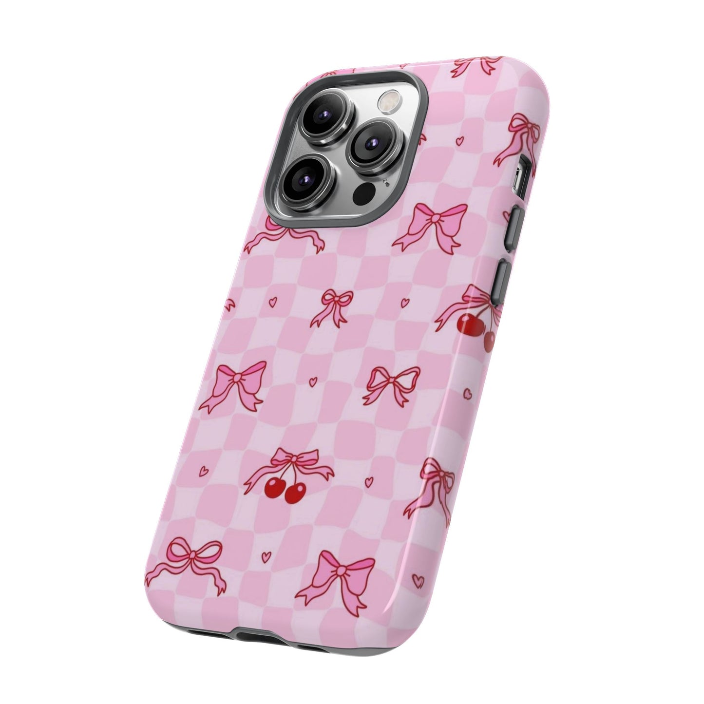 Pink Cherry Bow Phone Case — Cute Checkerboard iPhone Protection