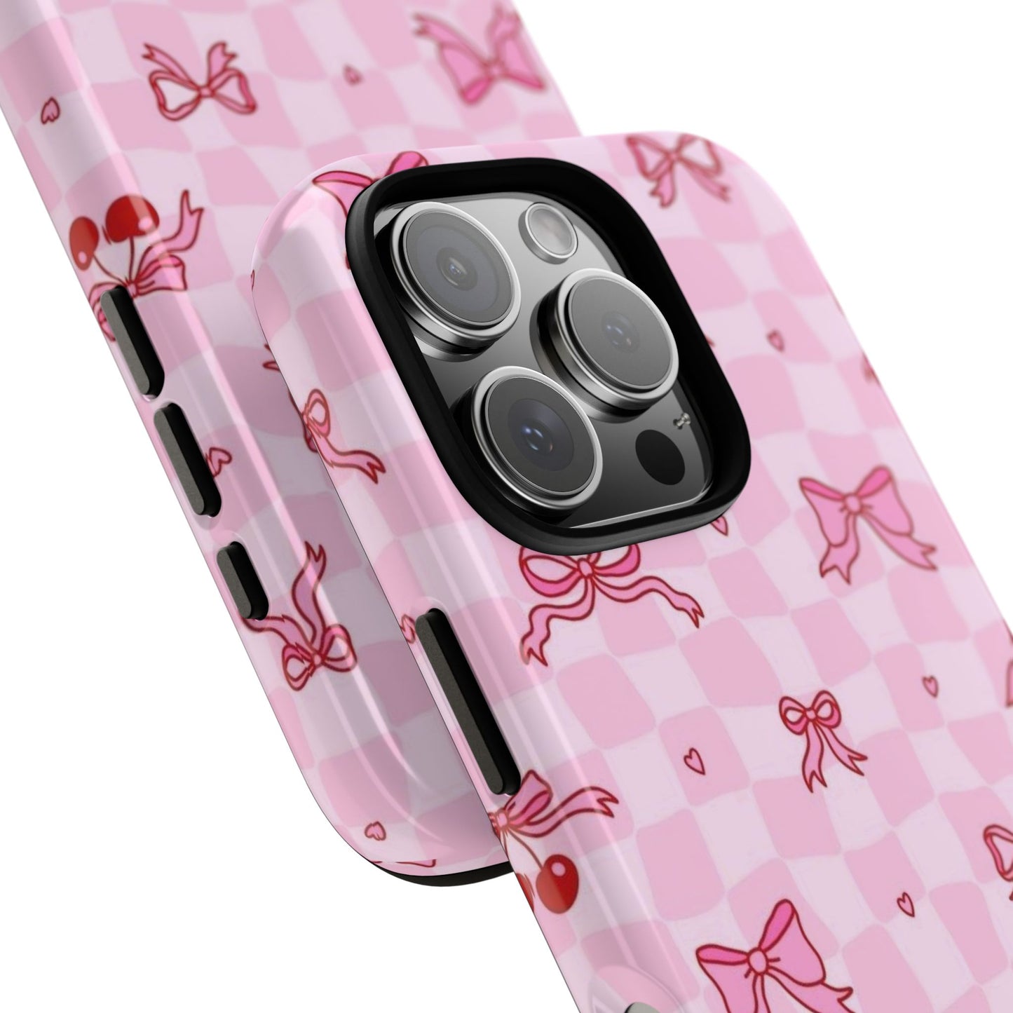 Pink Cherry Bow Phone Case — Cute Checkerboard iPhone Protection