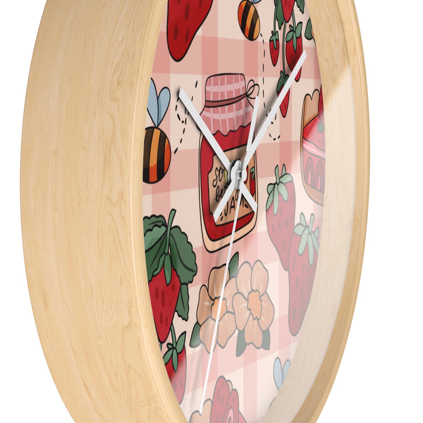 Strawberry Jam Pattern Wall Clock — Cute Gingham Kitchen Decor