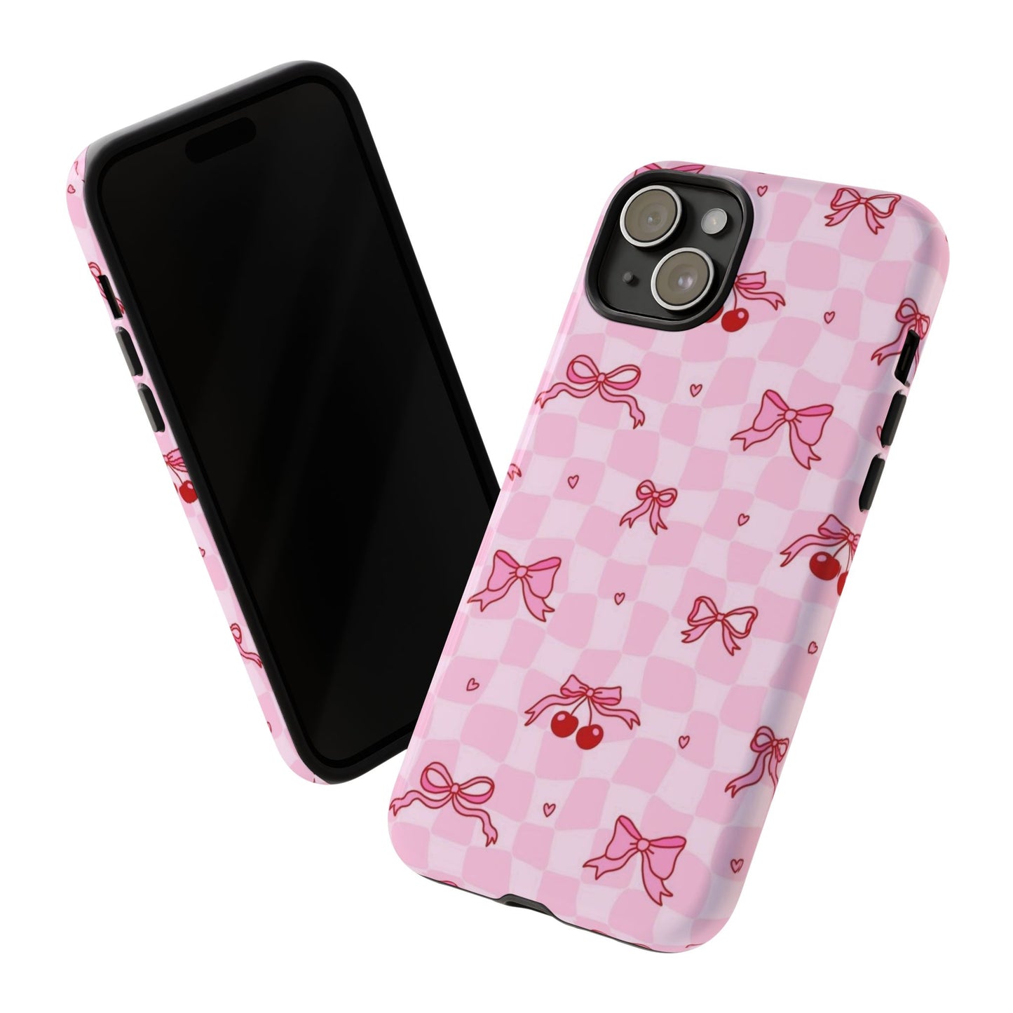 Pink Cherry Bow Phone Case — Cute Checkerboard iPhone Protection