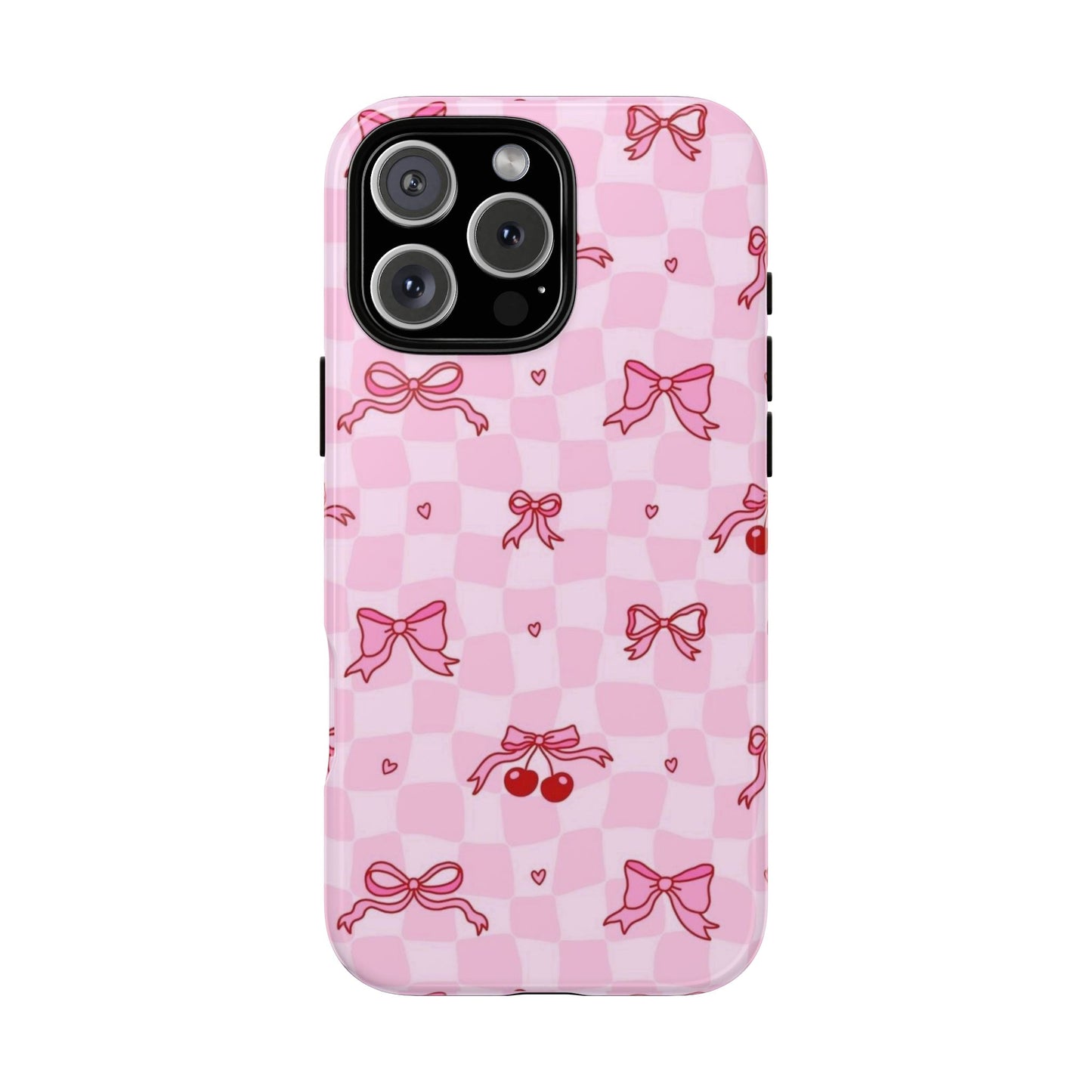 Pink Cherry Bow Phone Case — Cute Checkerboard iPhone Protection