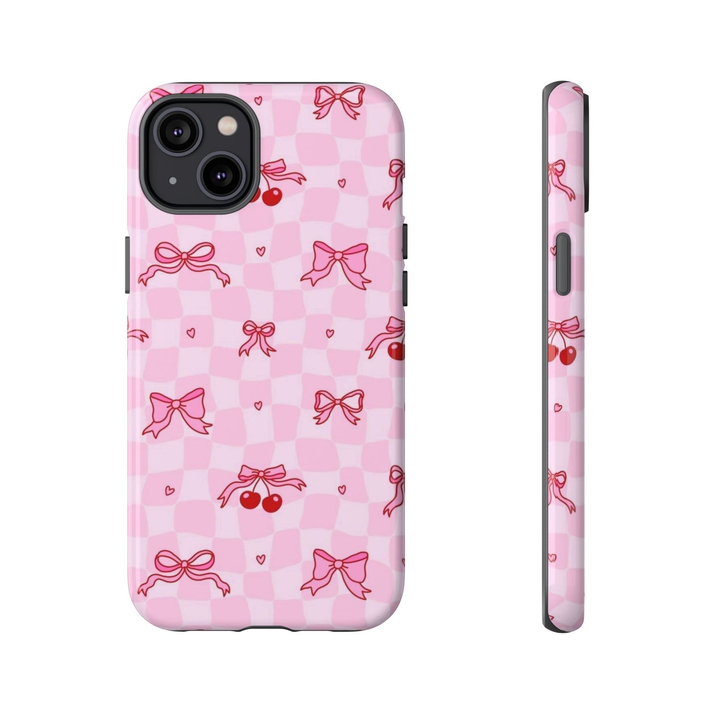 Pink Cherry Bow Phone Case — Cute Checkerboard iPhone Protection