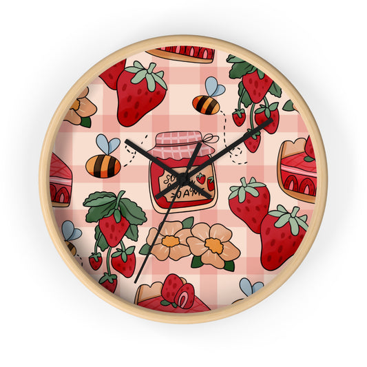 Strawberry Jam Pattern Wall Clock — Cute Gingham Kitchen Decor