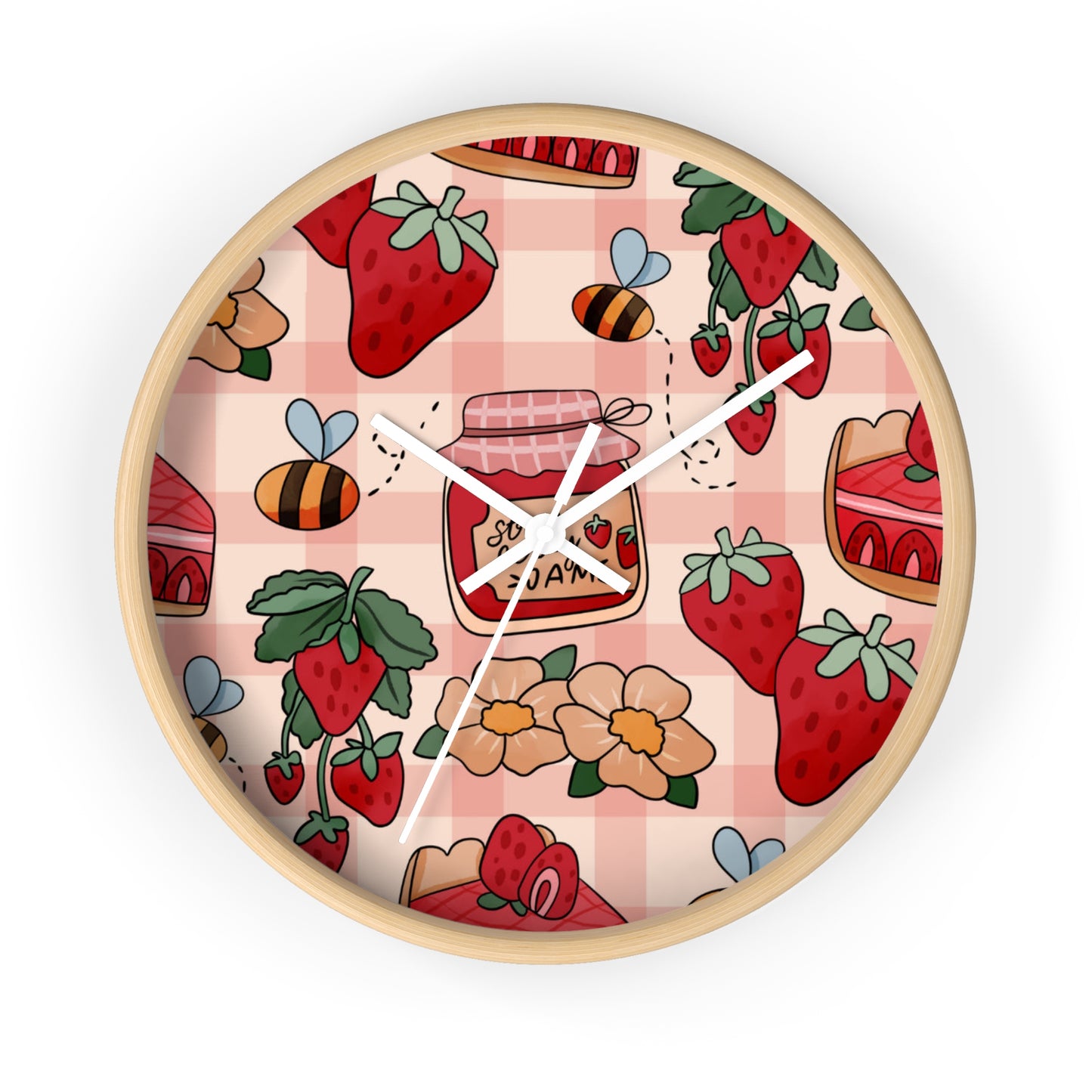 Strawberry Jam Pattern Wall Clock — Cute Gingham Kitchen Decor