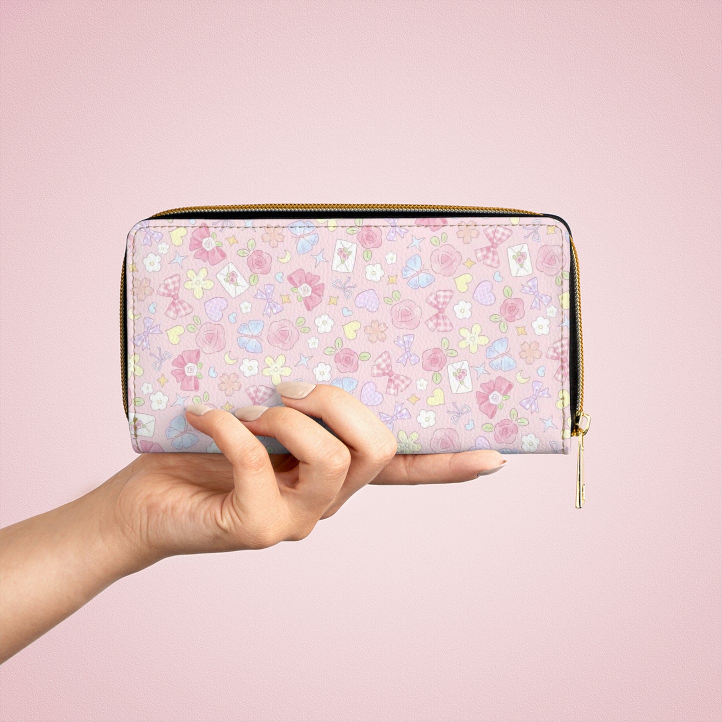 Floral Pastel Zip Wallet — Pink Cute Flower Pattern Zipper Wallet