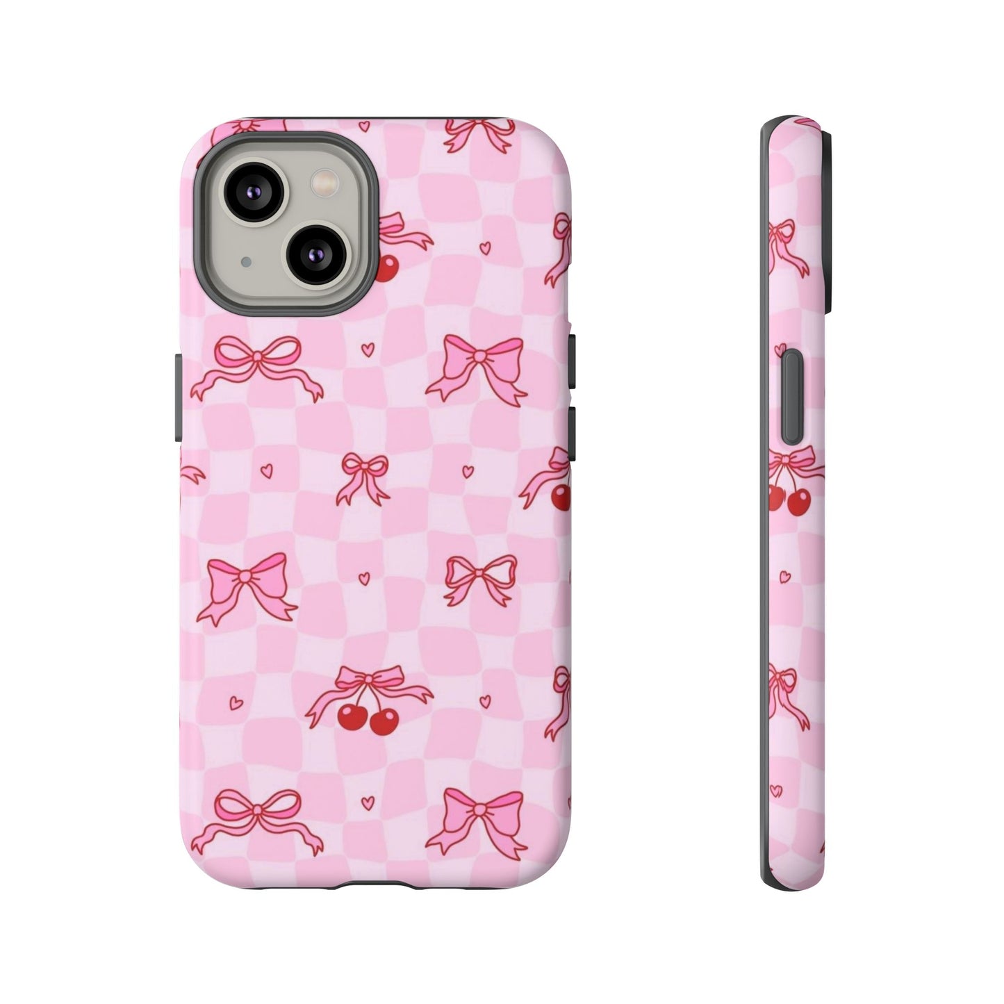 Pink Cherry Bow Phone Case — Cute Checkerboard iPhone Protection