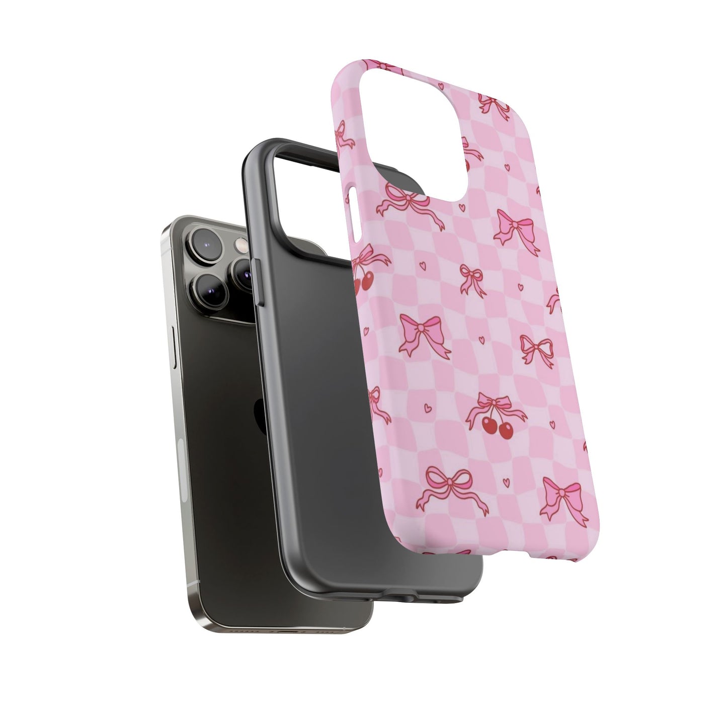 Pink Cherry Bow Phone Case — Cute Checkerboard iPhone Protection
