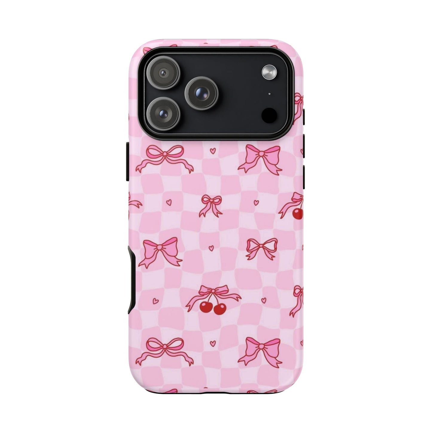 Pink Cherry Bow Phone Case — Cute Checkerboard iPhone Protection