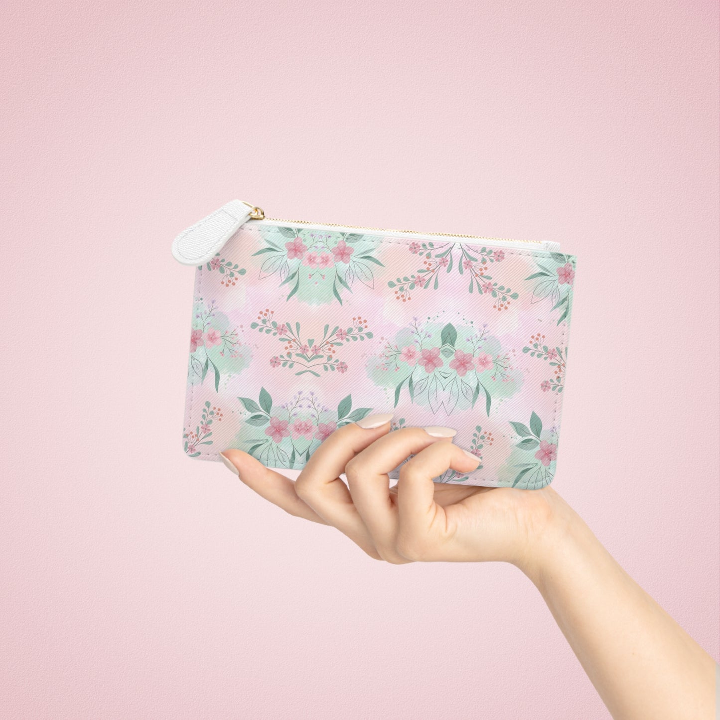 Floral Pastel Mini Clutch Bag – Pink Watercolor Bouquet Wristlet