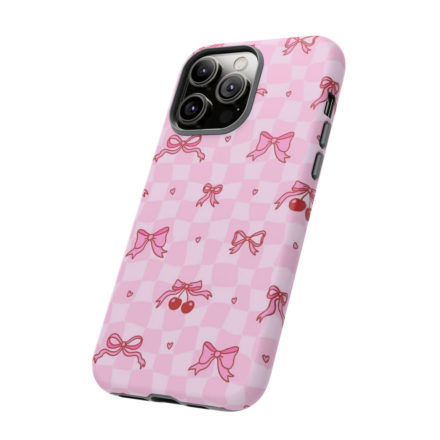 Pink Cherry Bow Phone Case — Cute Checkerboard iPhone Protection