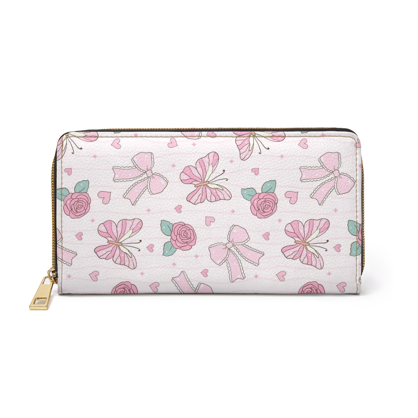 Floral Pink Bow Zipper Wallet — Cute Rose & Ribbon Travel Wallet