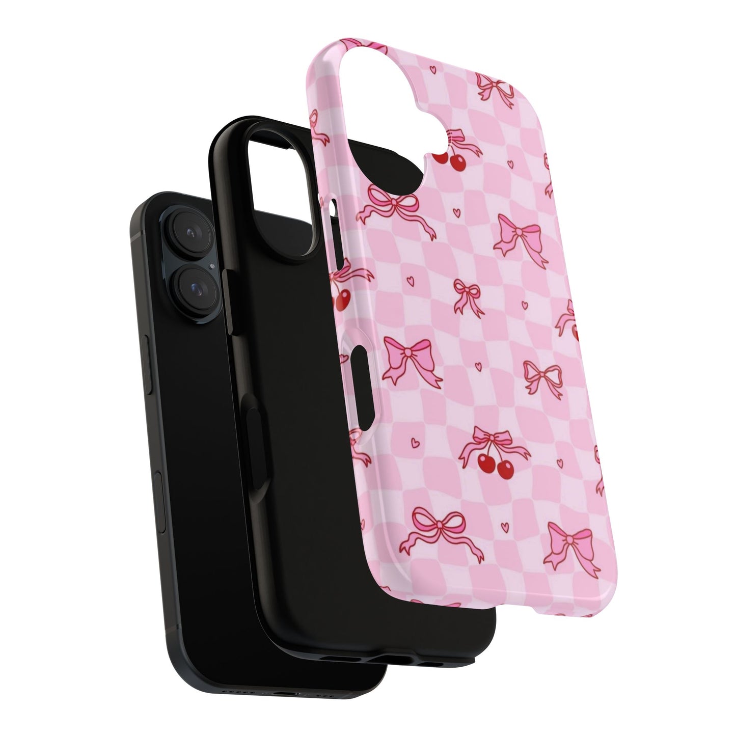 Pink Cherry Bow Phone Case — Cute Checkerboard iPhone Protection