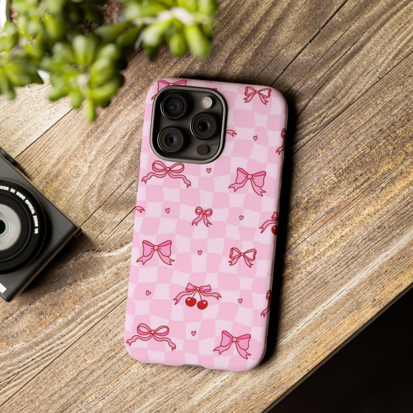 Pink Cherry Bow Phone Case — Cute Checkerboard iPhone Protection