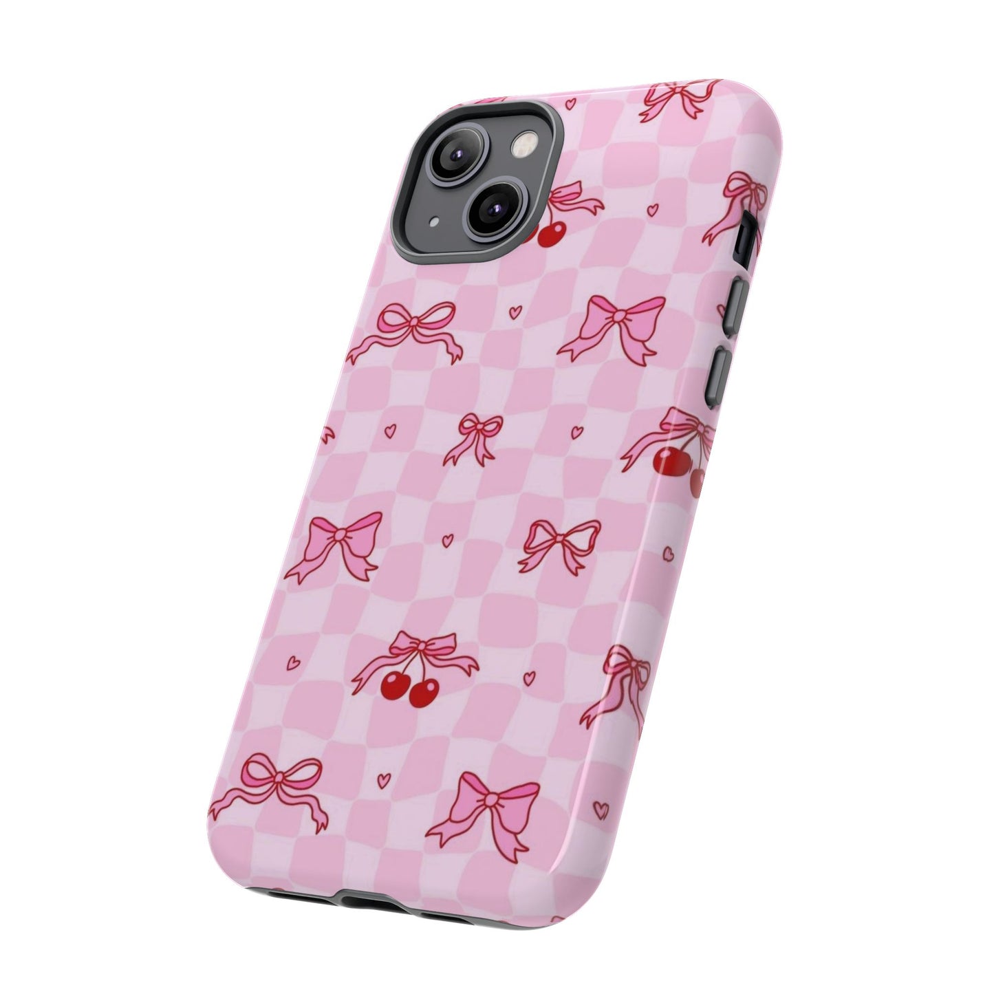 Pink Cherry Bow Phone Case — Cute Checkerboard iPhone Protection