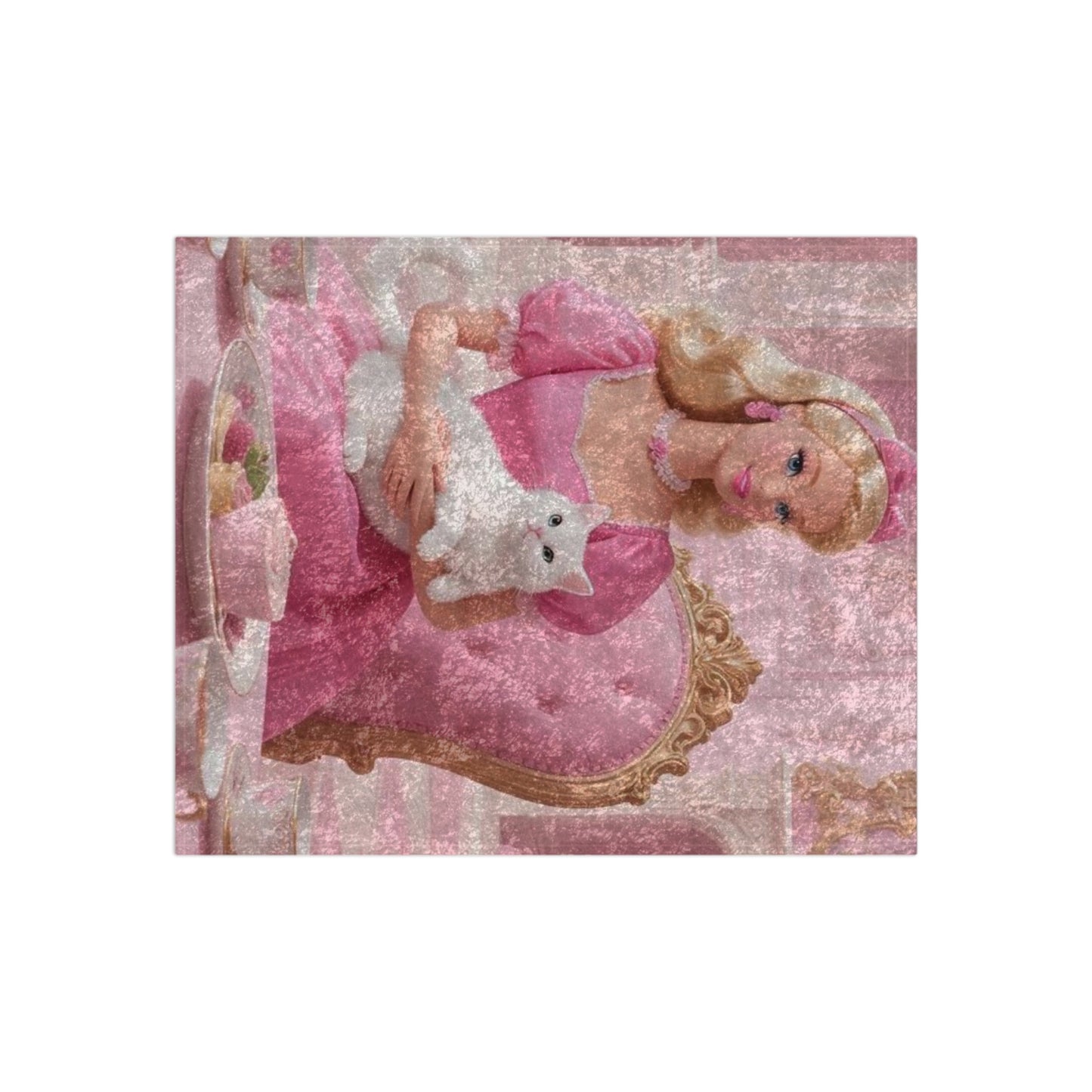 Crushed Velvet Blanket — Vintage Barbie Glam Throw with White Cat (Pink Princess Aesthetic)