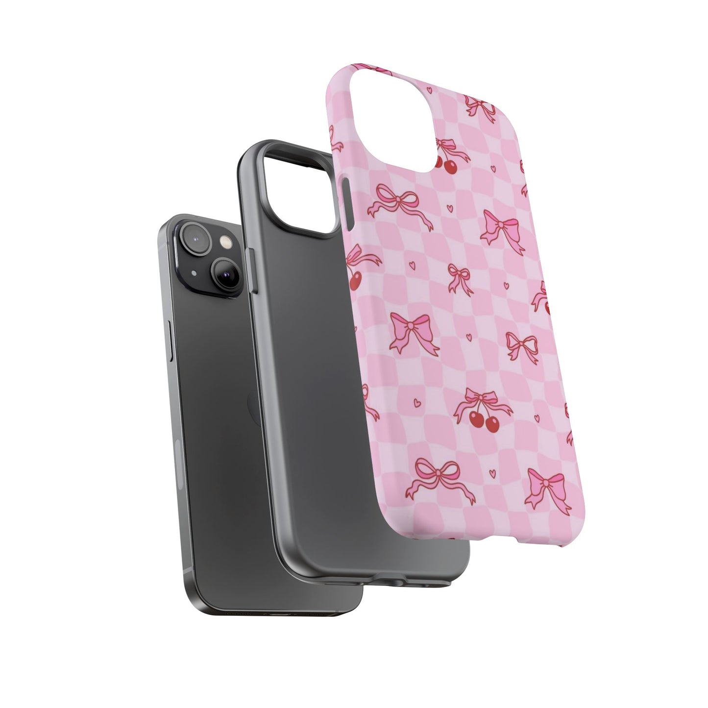 Pink Cherry Bow Phone Case — Cute Checkerboard iPhone Protection