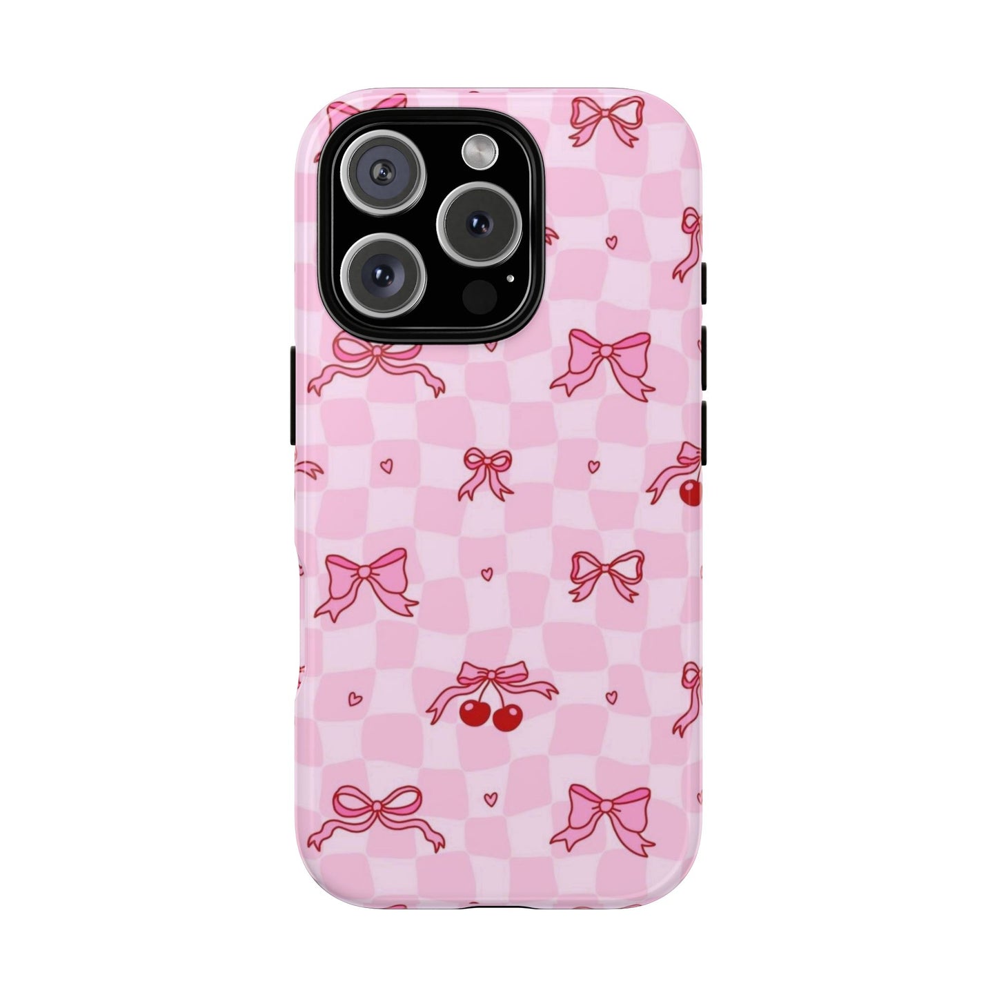 Pink Cherry Bow Phone Case — Cute Checkerboard iPhone Protection
