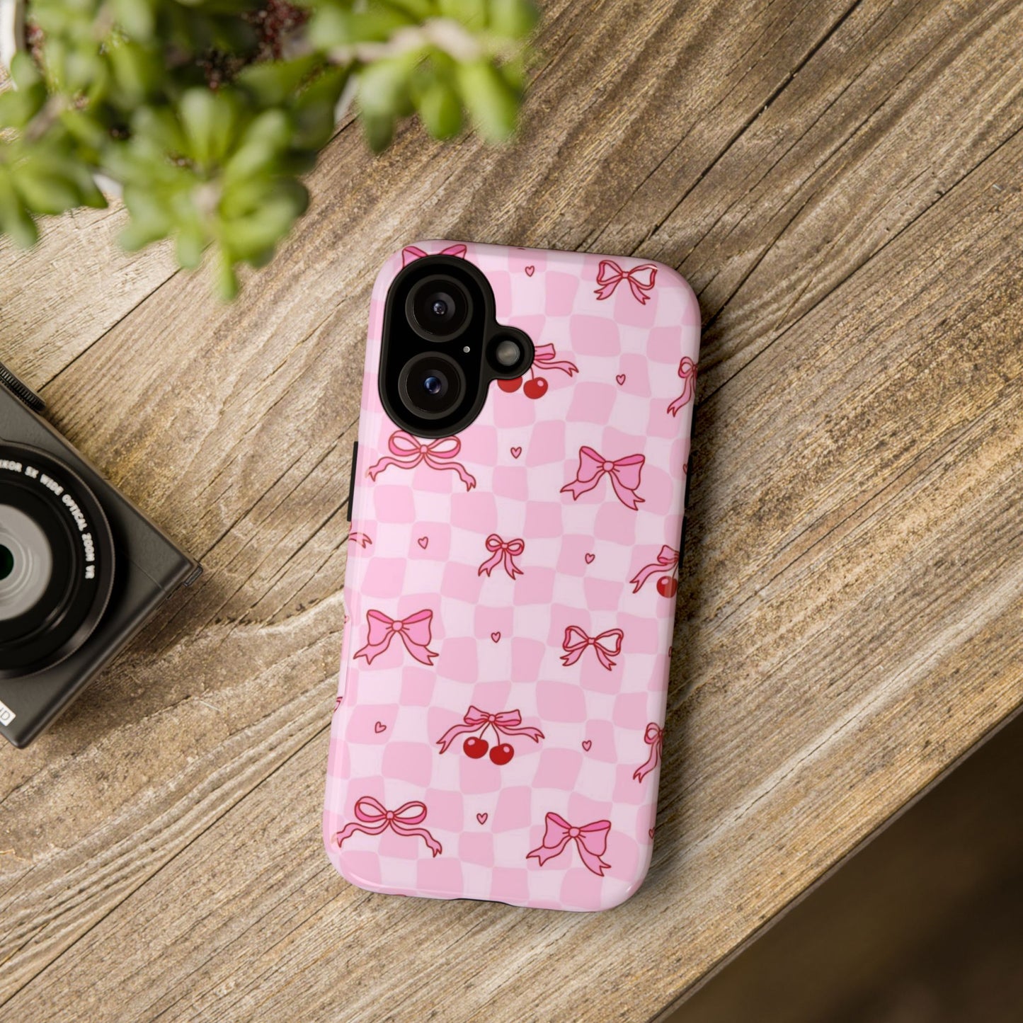 Pink Cherry Bow Phone Case — Cute Checkerboard iPhone Protection