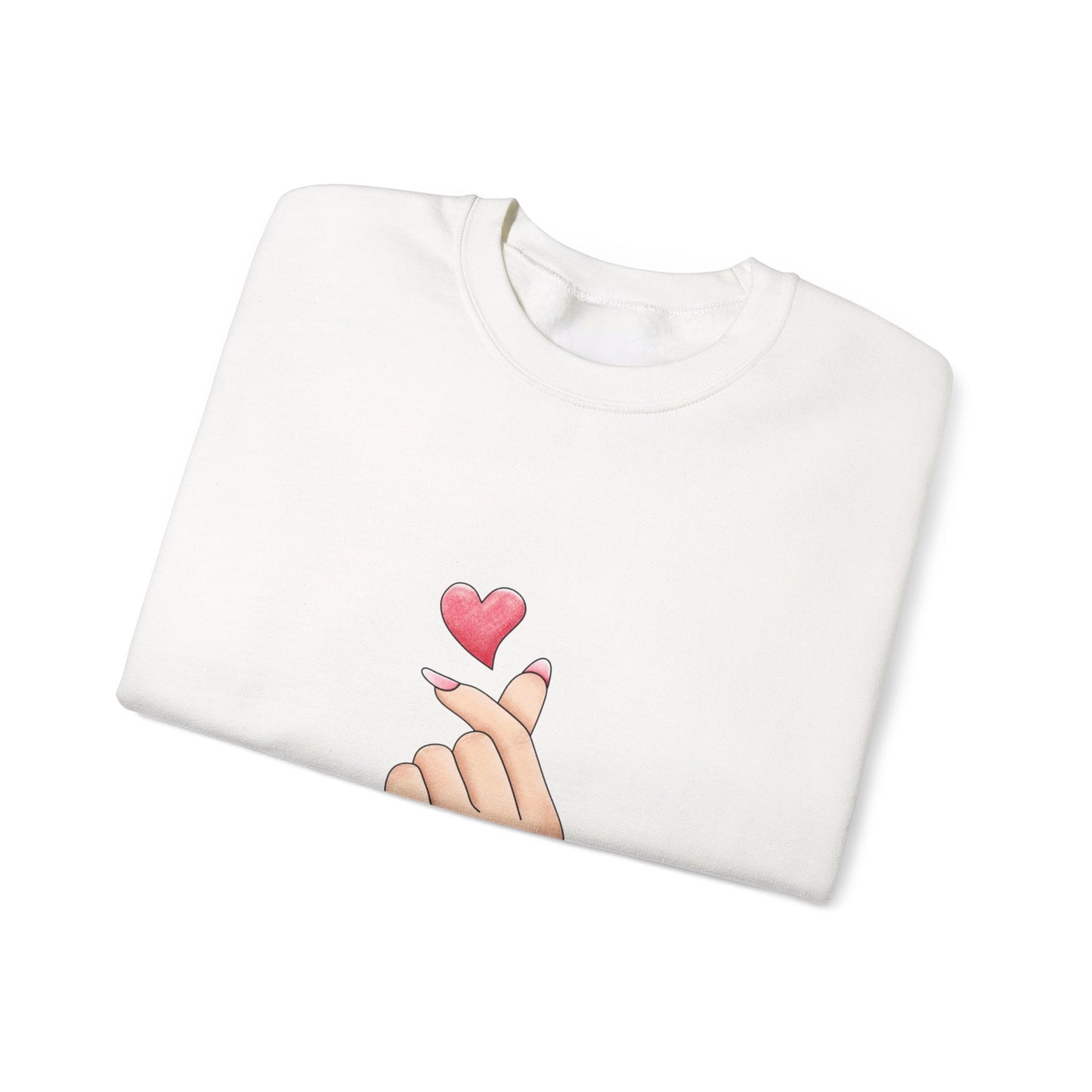 Crewneck Sweatshirt — K-Pop Finger Heart Design (Front Heart Hand, Back 'You' Location Map)