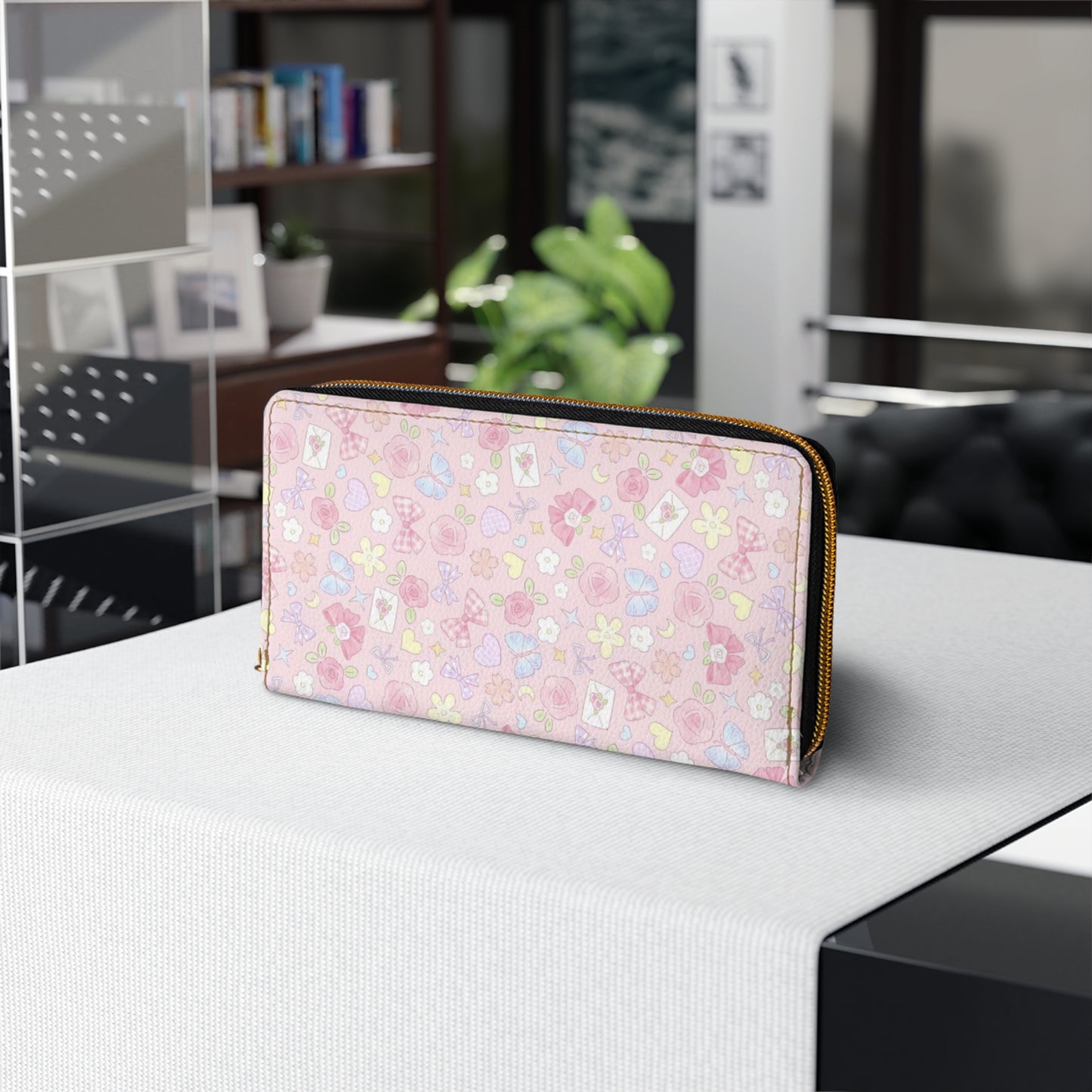 Floral Pastel Zip Wallet — Pink Cute Flower Pattern Zipper Wallet
