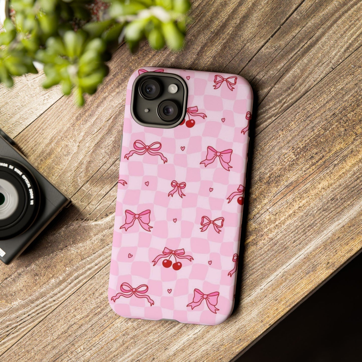 Pink Cherry Bow Phone Case — Cute Checkerboard iPhone Protection
