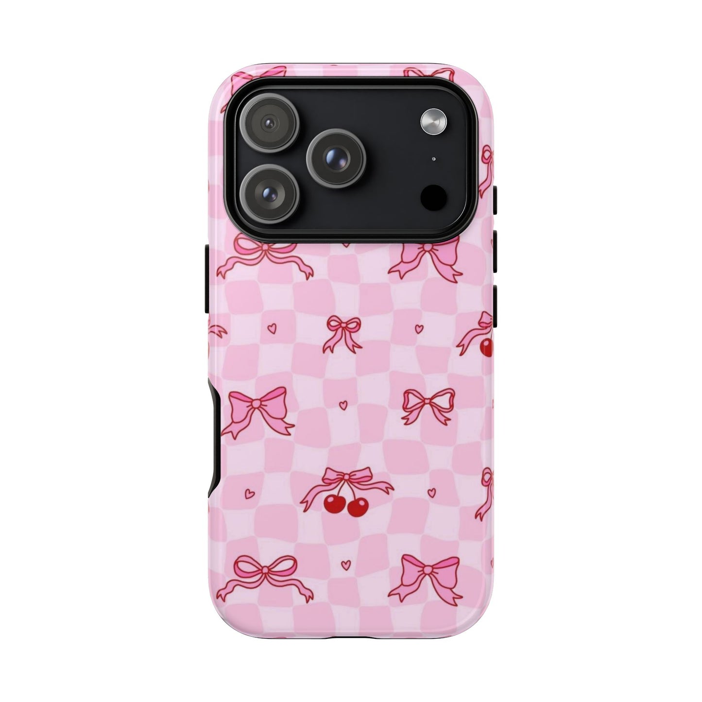 Pink Cherry Bow Phone Case — Cute Checkerboard iPhone Protection