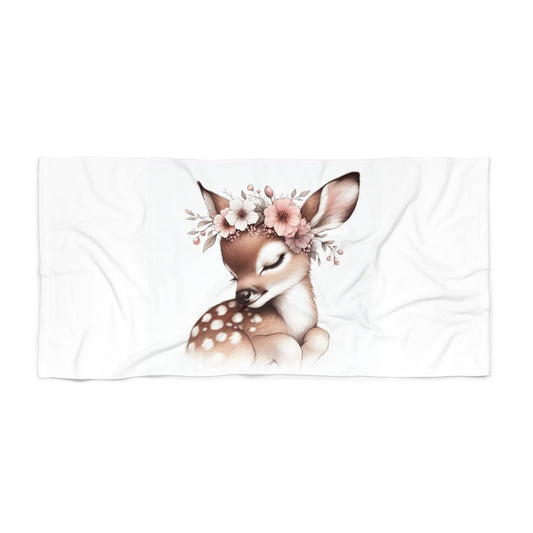 Floral Fawn Beach Towel — Cute Baby Deer with Flower Crown