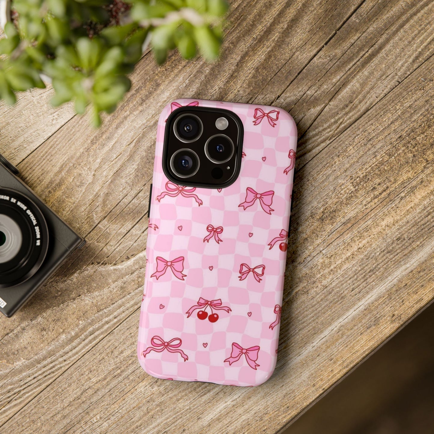 Pink Cherry Bow Phone Case — Cute Checkerboard iPhone Protection