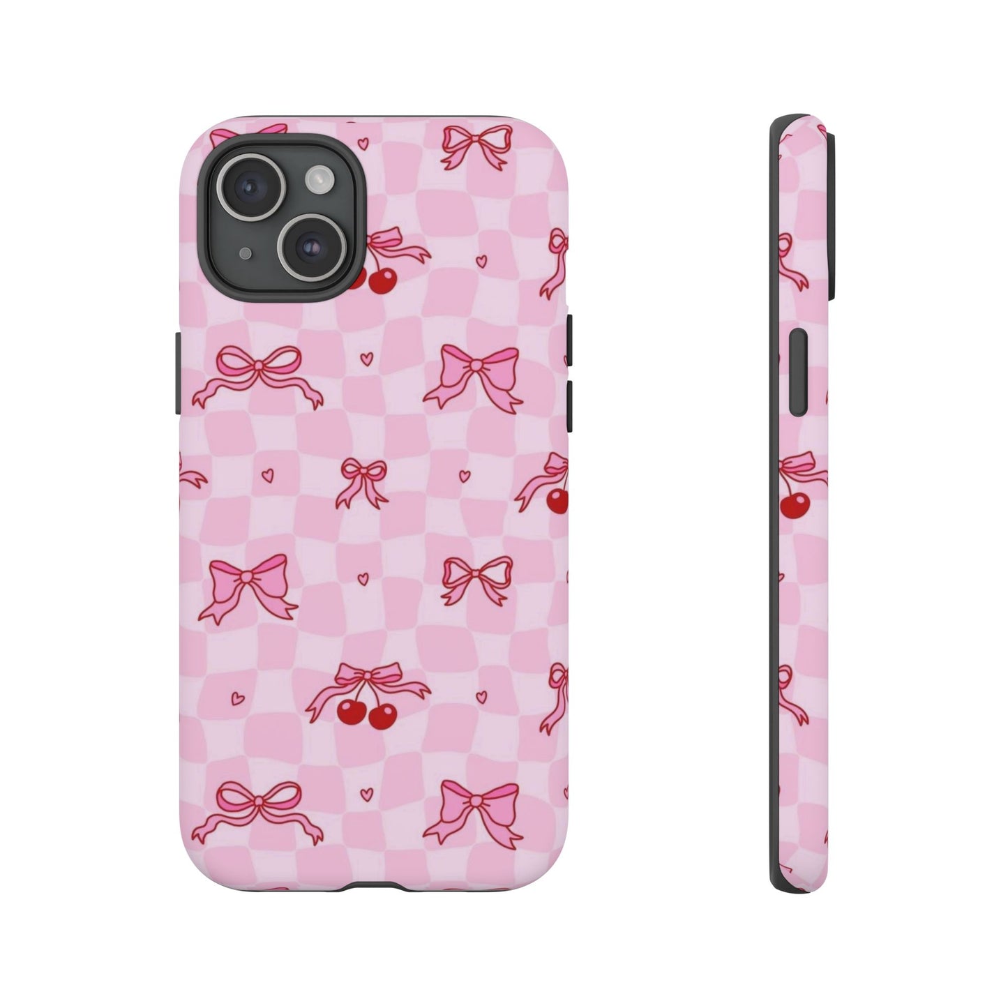 Pink Cherry Bow Phone Case — Cute Checkerboard iPhone Protection