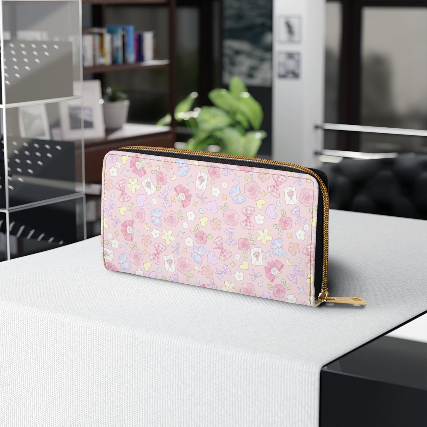 Floral Pastel Zip Wallet — Pink Cute Flower Pattern Zipper Wallet