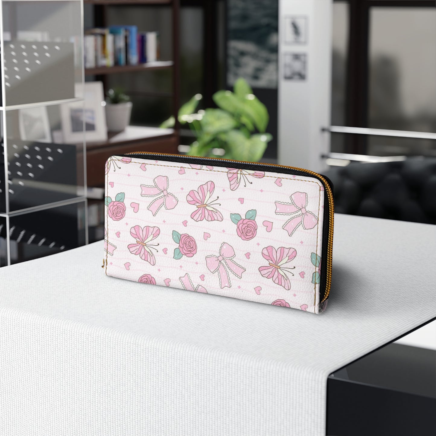 Floral Pink Bow Zipper Wallet — Cute Rose & Ribbon Travel Wallet