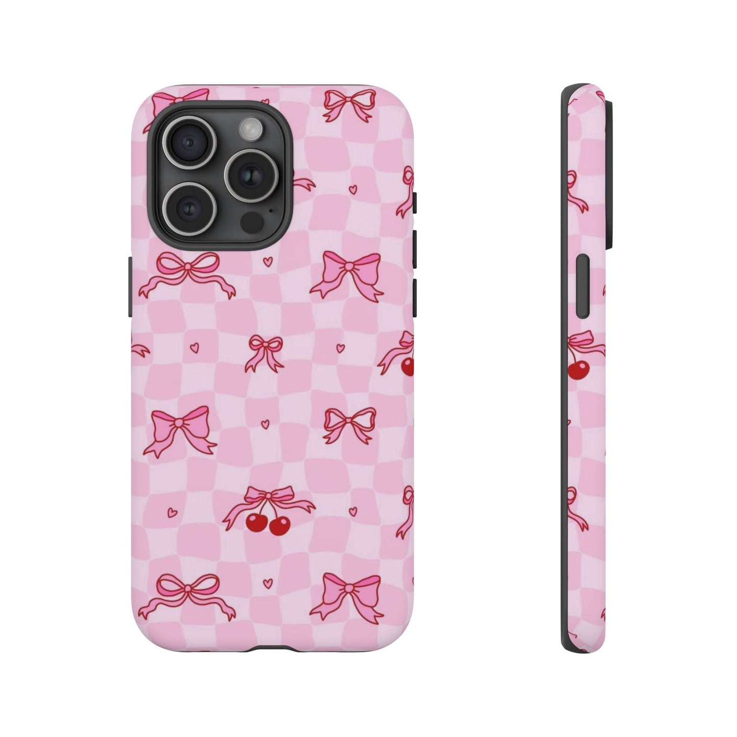Pink Cherry Bow Phone Case — Cute Checkerboard iPhone Protection