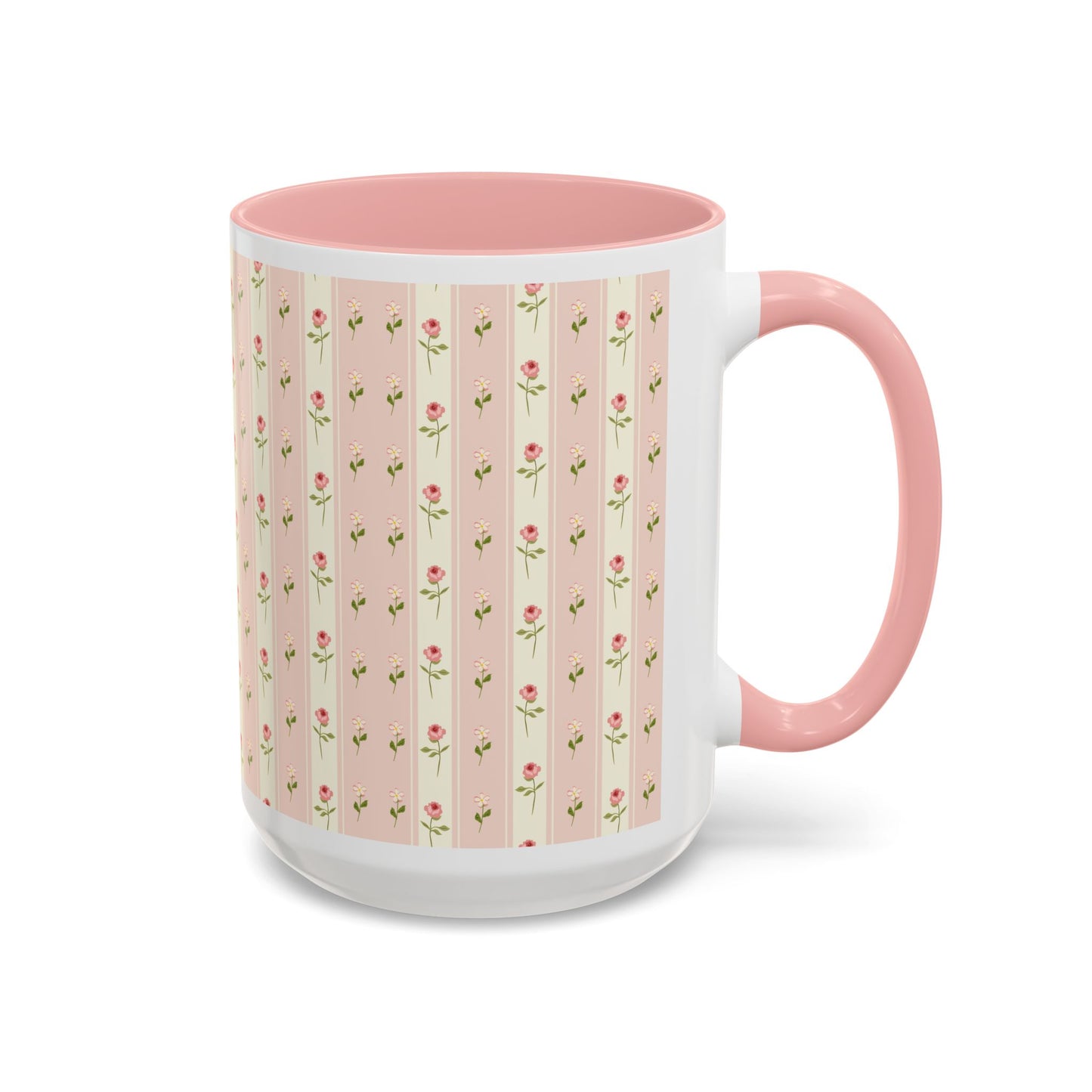 Pink Rose Stripe Accent Coffee Mug – Floral Vintage Tea Cup (11/15oz)