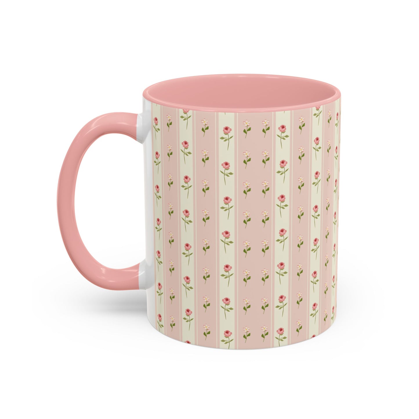 Pink Rose Stripe Accent Coffee Mug – Floral Vintage Tea Cup (11/15oz)