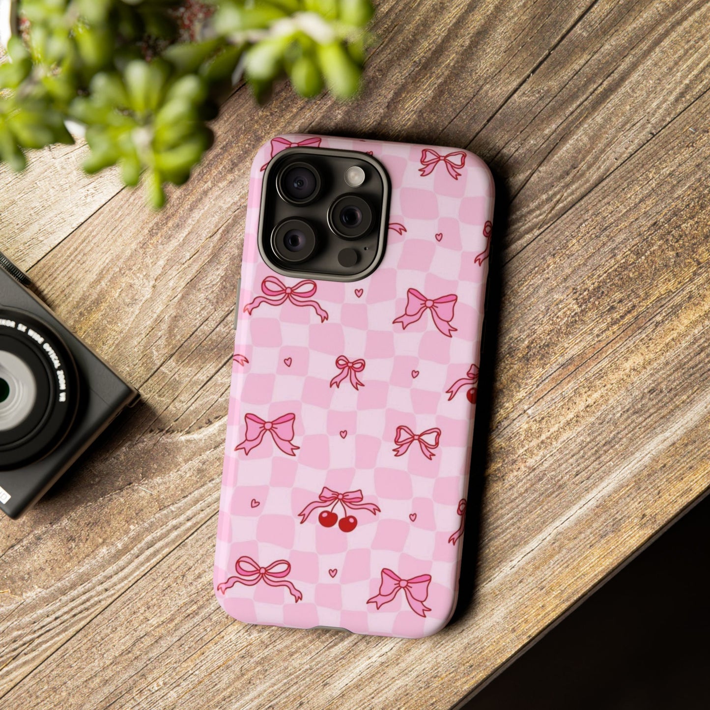Pink Cherry Bow Phone Case — Cute Checkerboard iPhone Protection