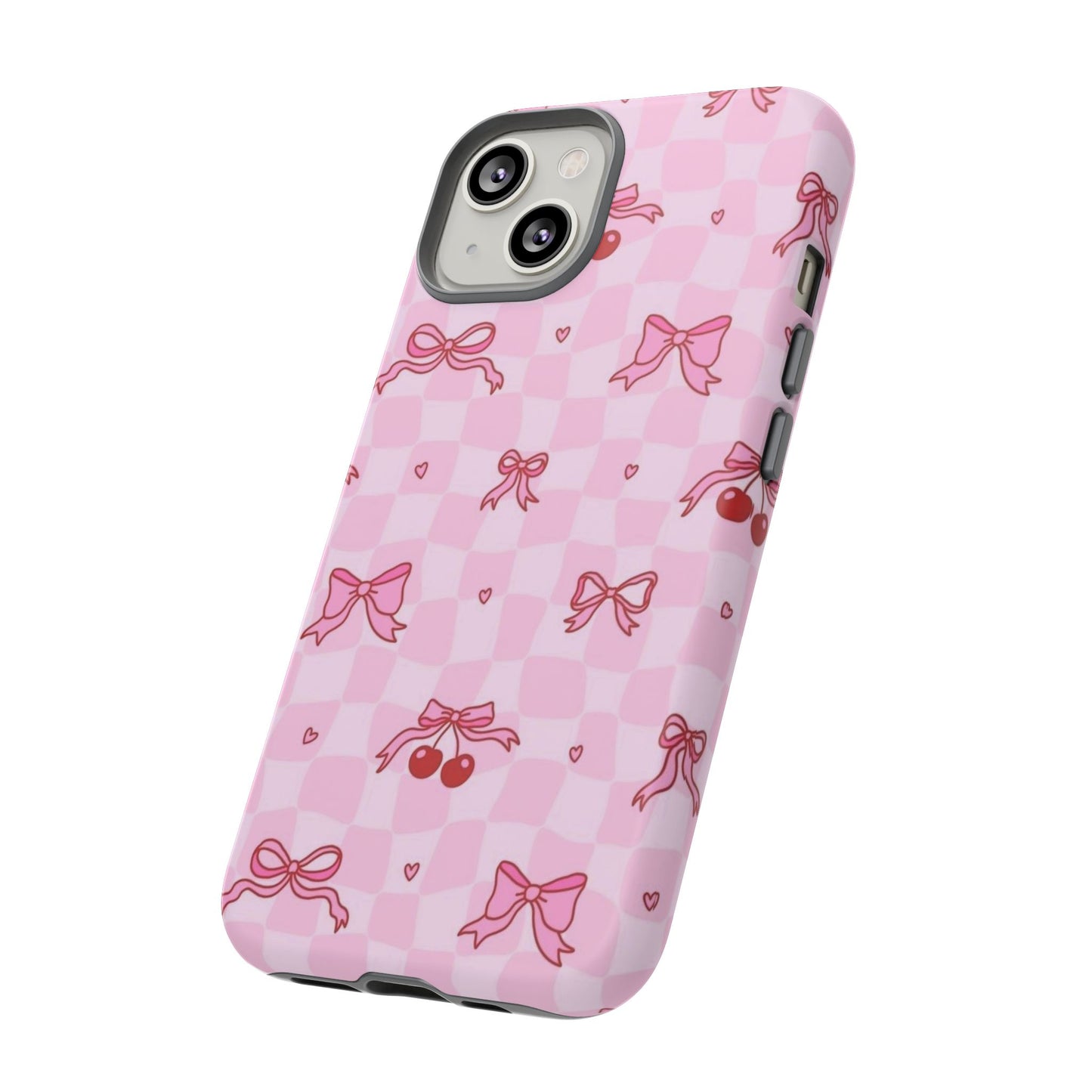 Pink Cherry Bow Phone Case — Cute Checkerboard iPhone Protection