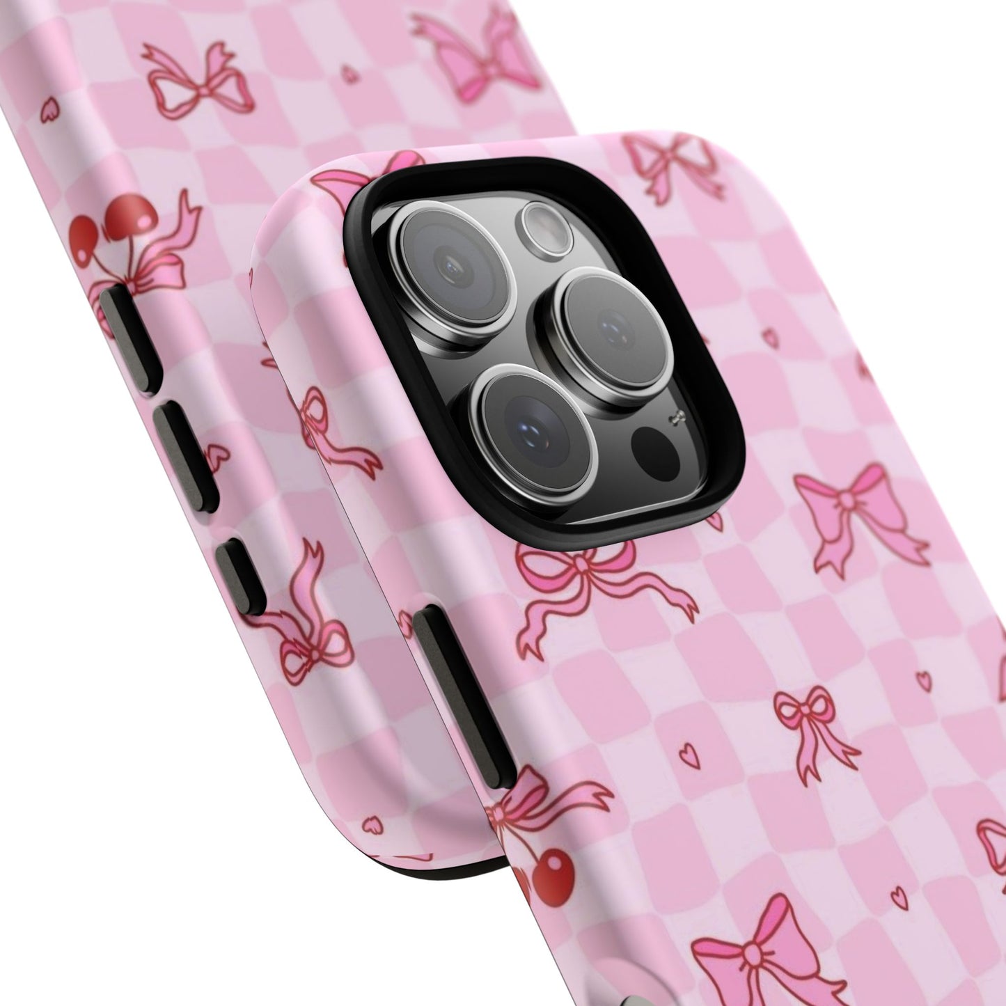 Pink Cherry Bow Phone Case — Cute Checkerboard iPhone Protection