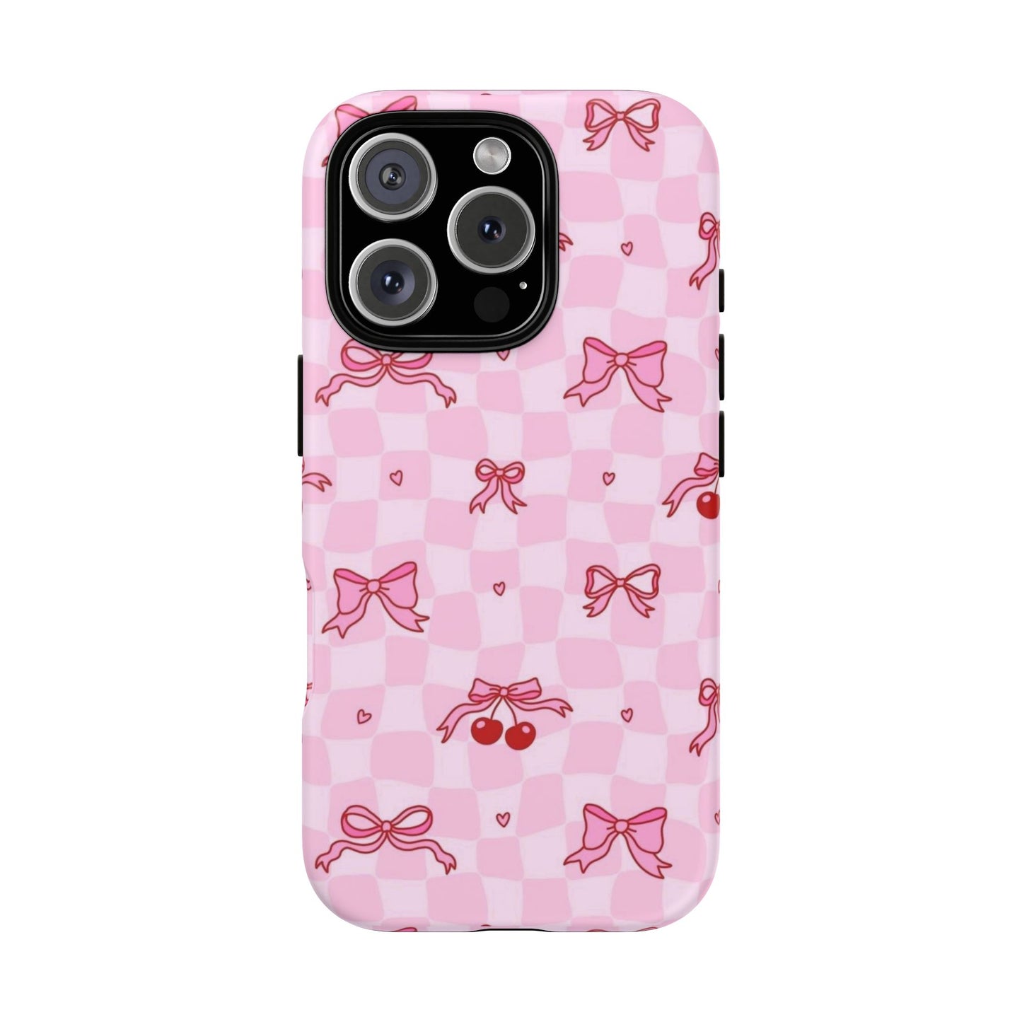 Pink Cherry Bow Phone Case — Cute Checkerboard iPhone Protection