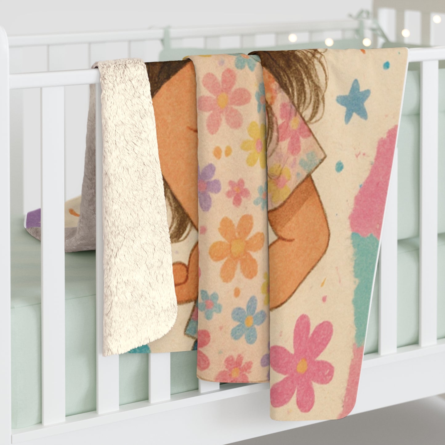 Cute Kids Sherpa Blanket — Girl with Curly Hair Floral Design