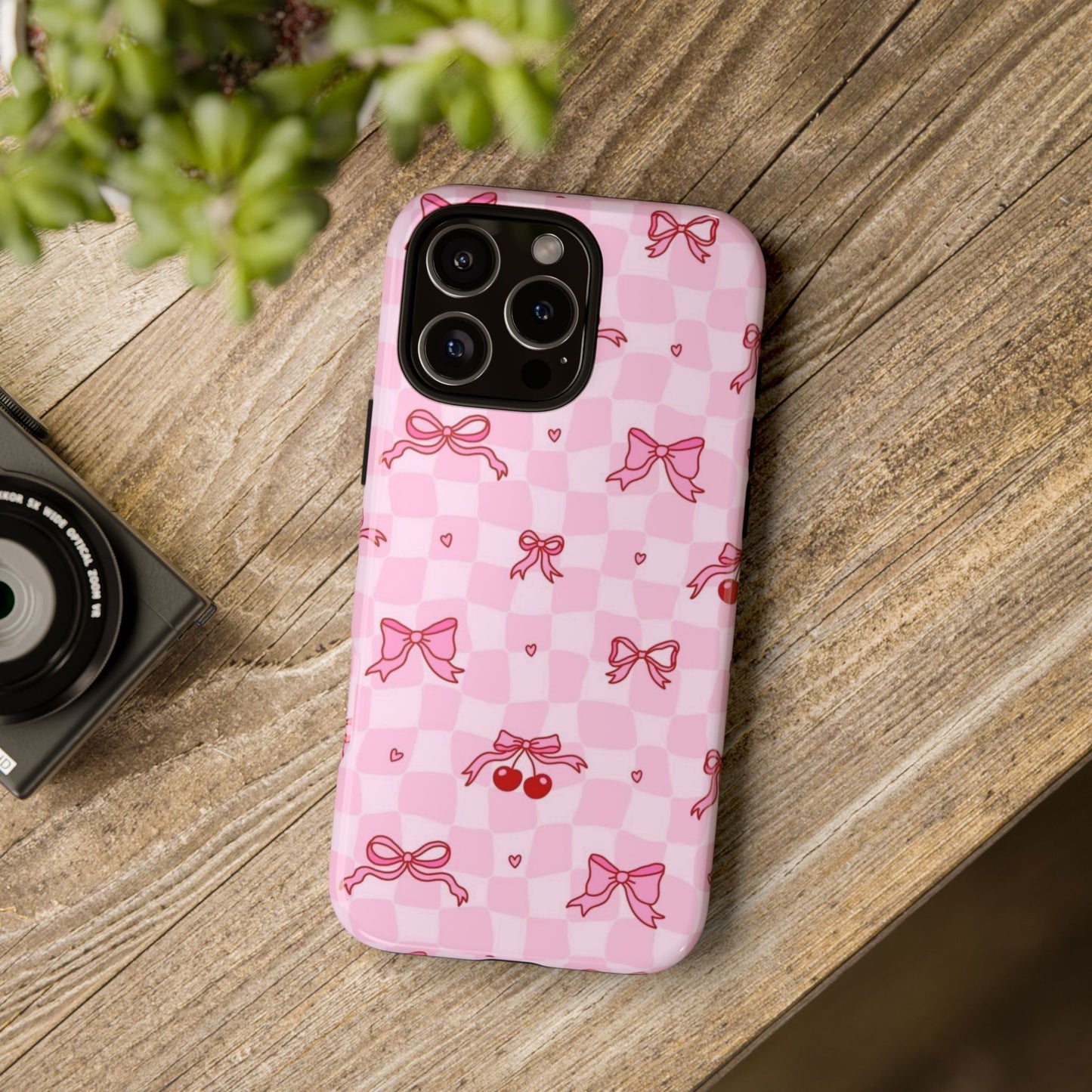 Pink Cherry Bow Phone Case — Cute Checkerboard iPhone Protection