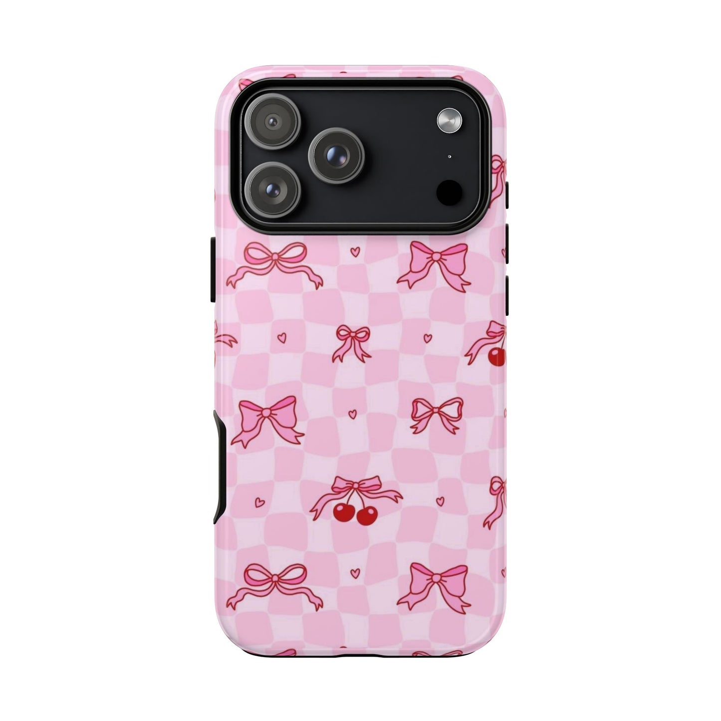 Pink Cherry Bow Phone Case — Cute Checkerboard iPhone Protection