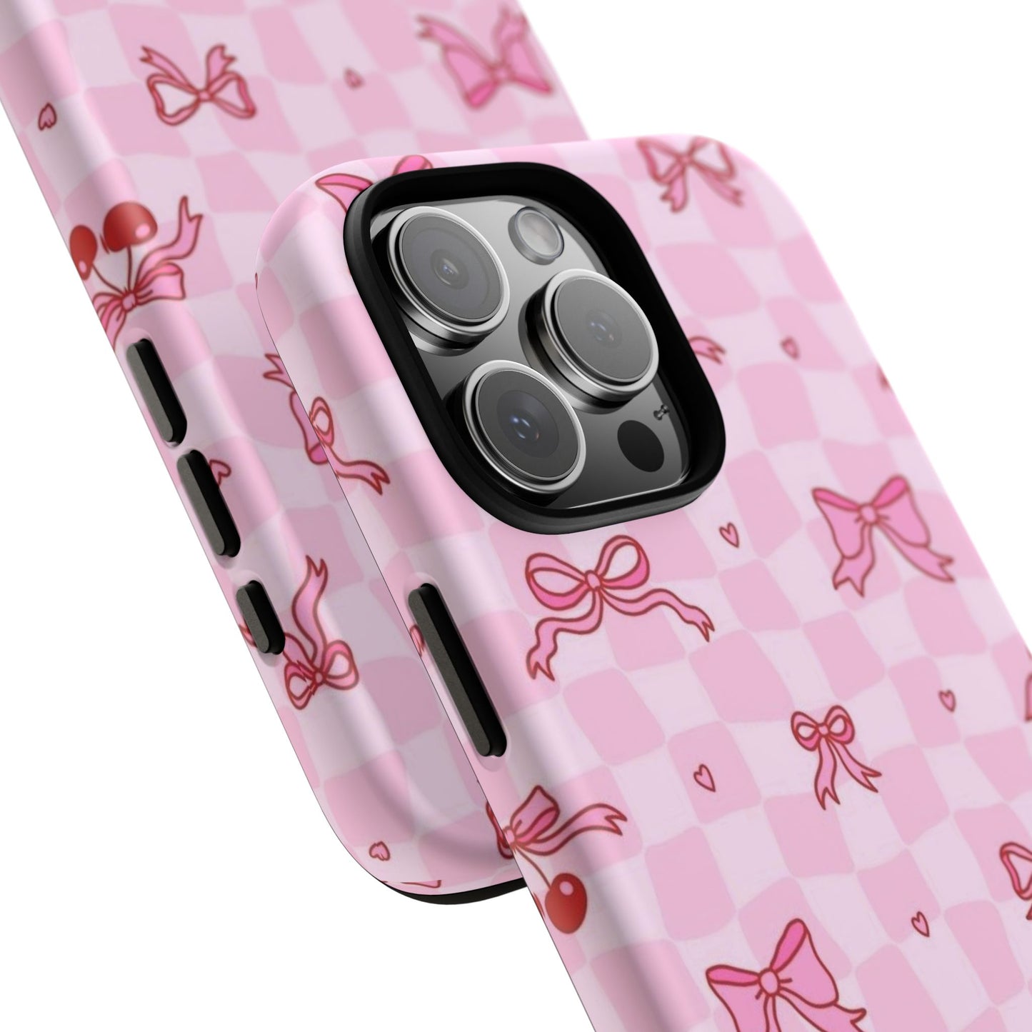 Pink Cherry Bow Phone Case — Cute Checkerboard iPhone Protection