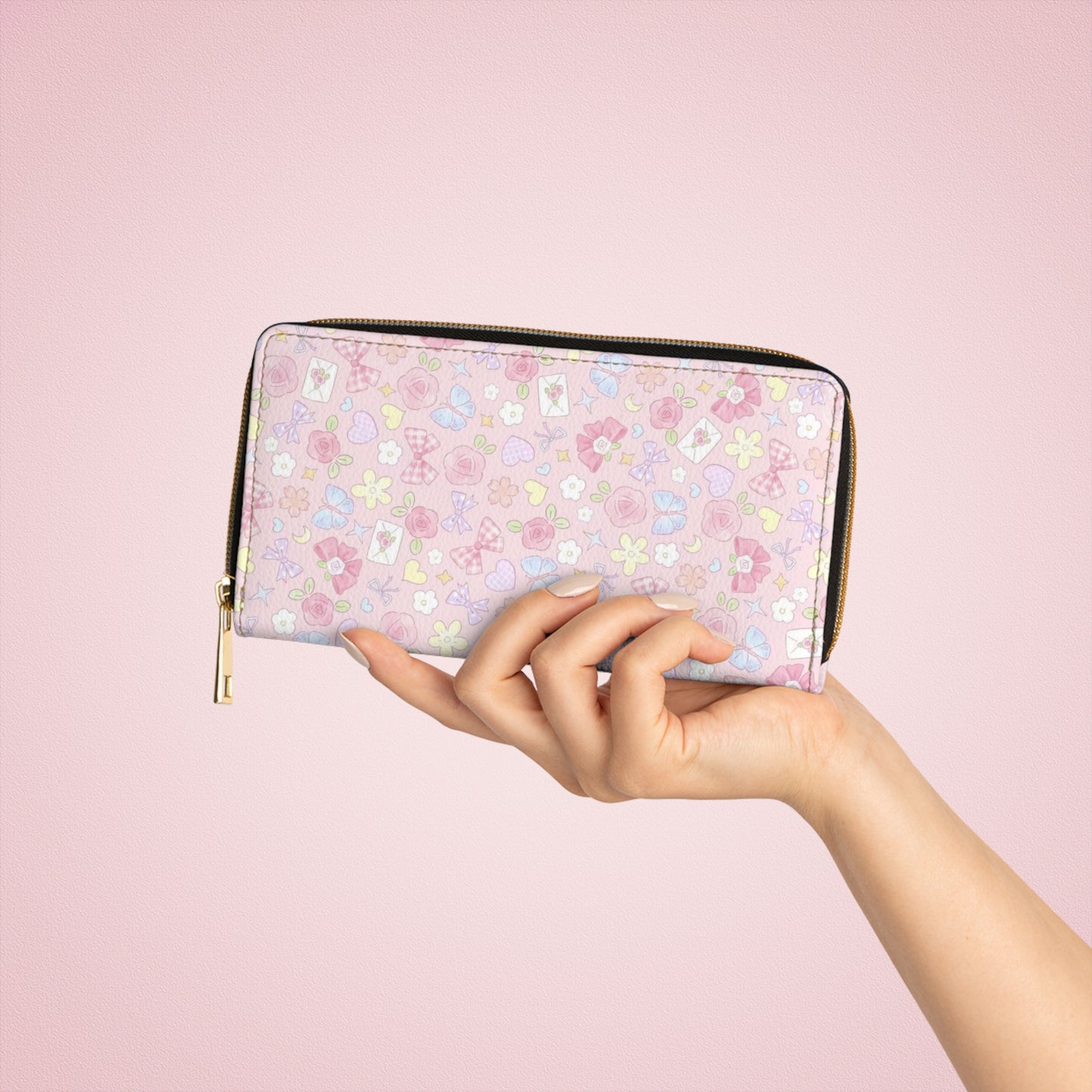 Floral Pastel Zip Wallet — Pink Cute Flower Pattern Zipper Wallet