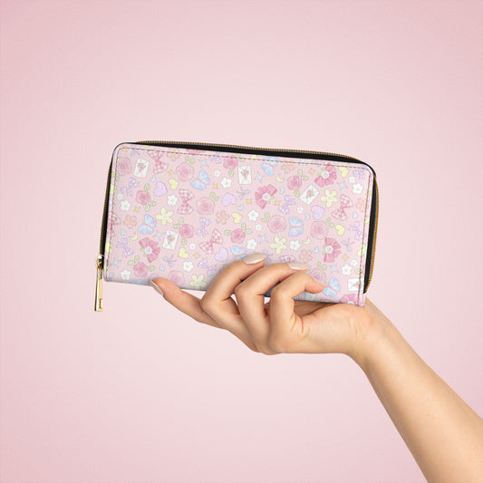 Floral Pastel Zip Wallet — Pink Cute Flower Pattern Zipper Wallet