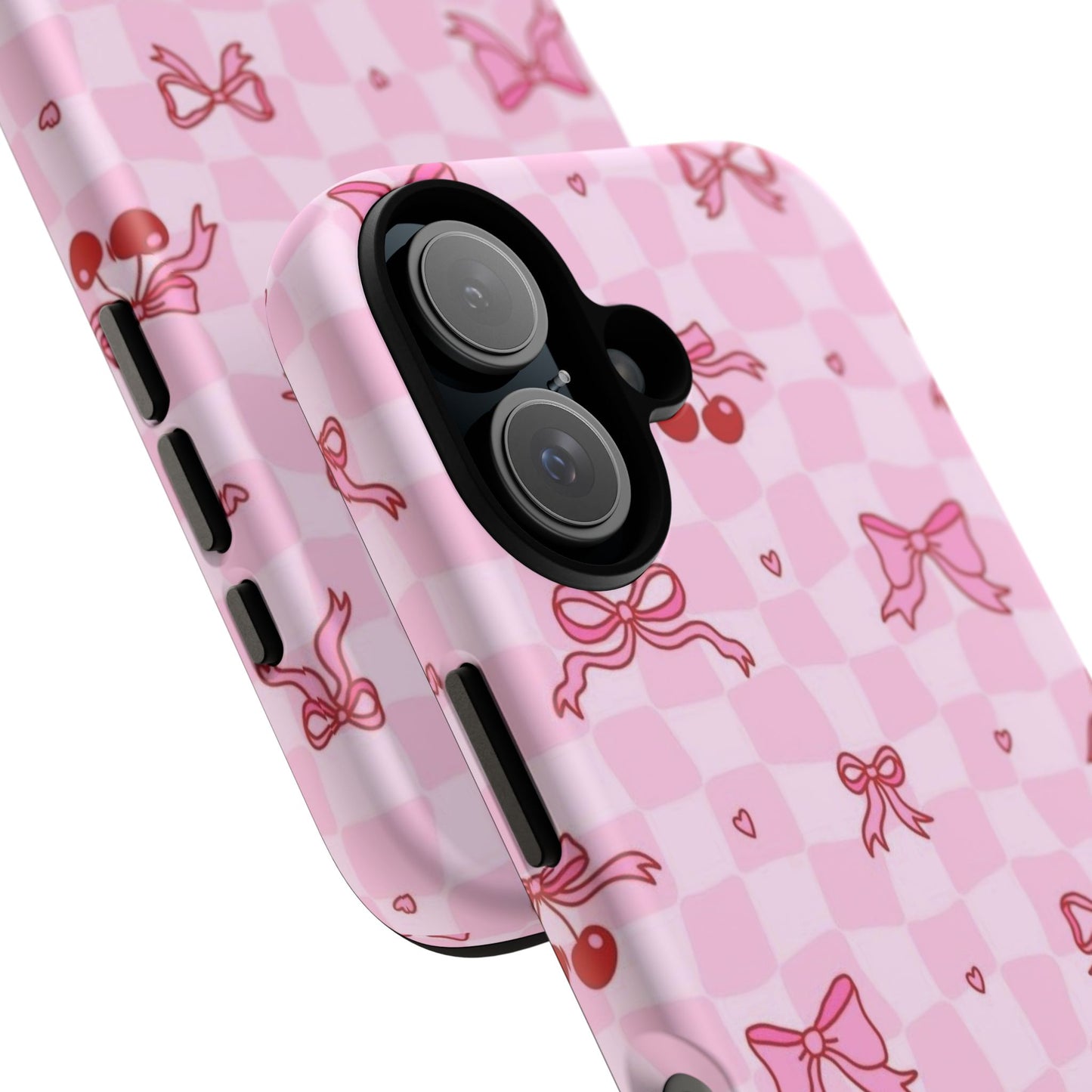 Pink Cherry Bow Phone Case — Cute Checkerboard iPhone Protection