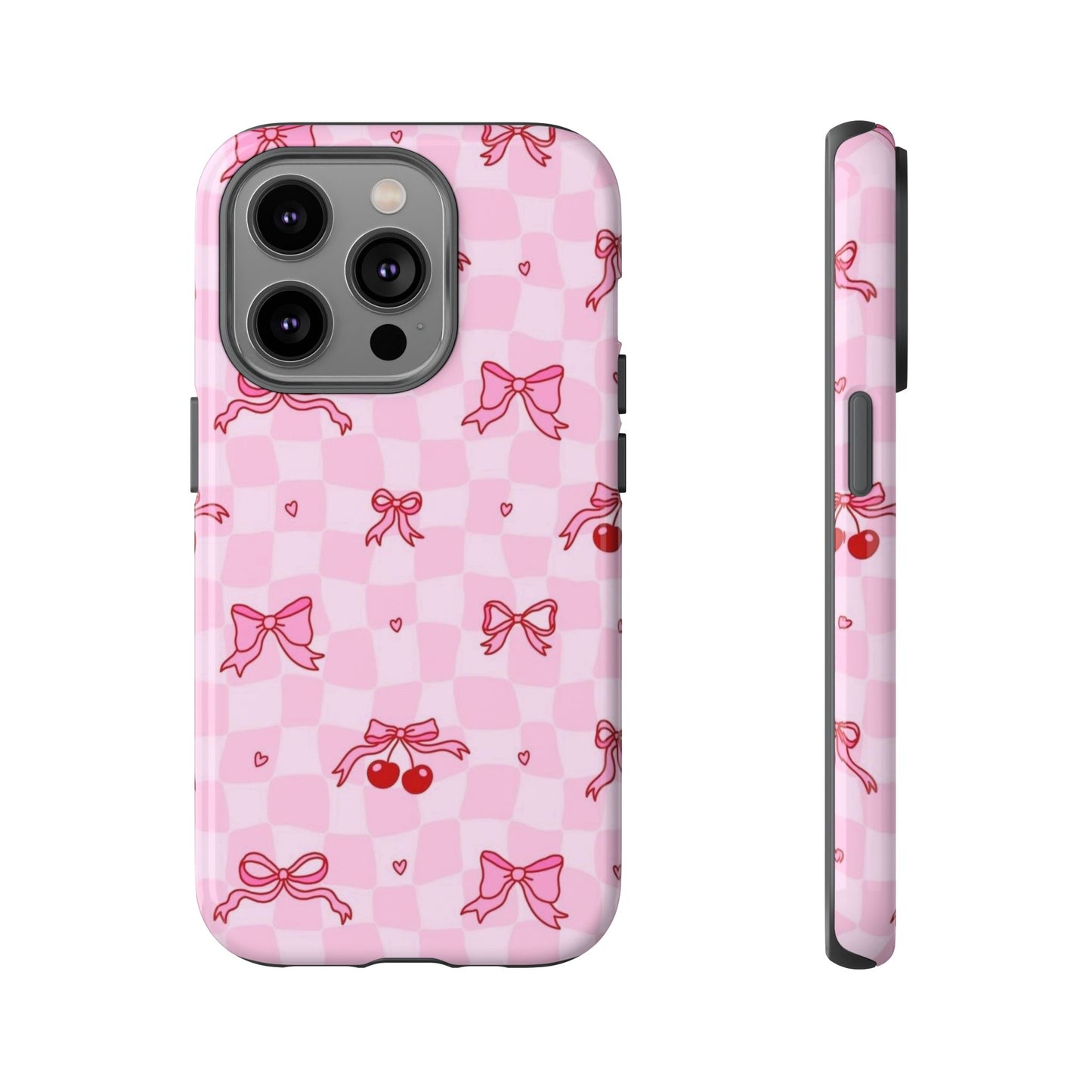 Pink Cherry Bow Phone Case — Cute Checkerboard iPhone Protection